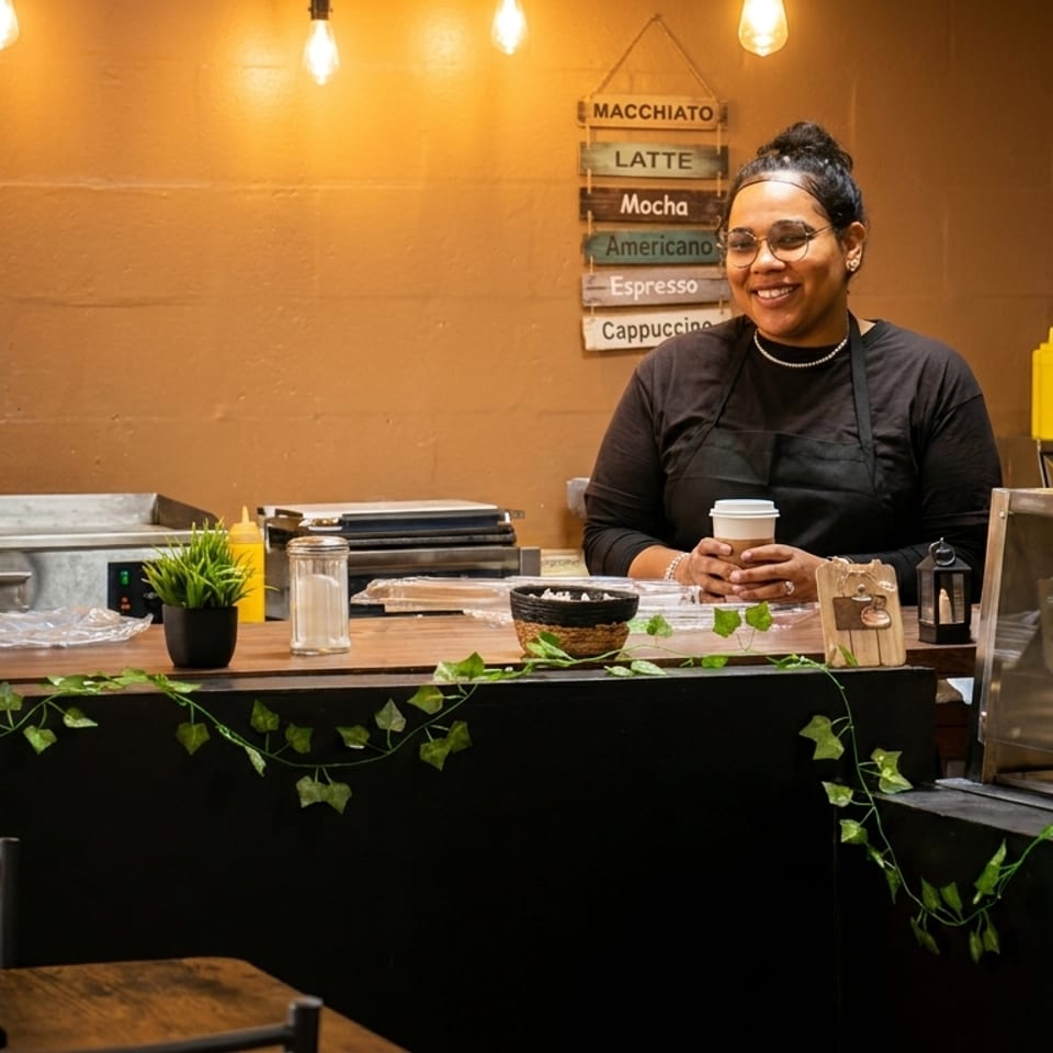 Smiling barista in an apron holding a coffee cup behind a counter with a menu board.